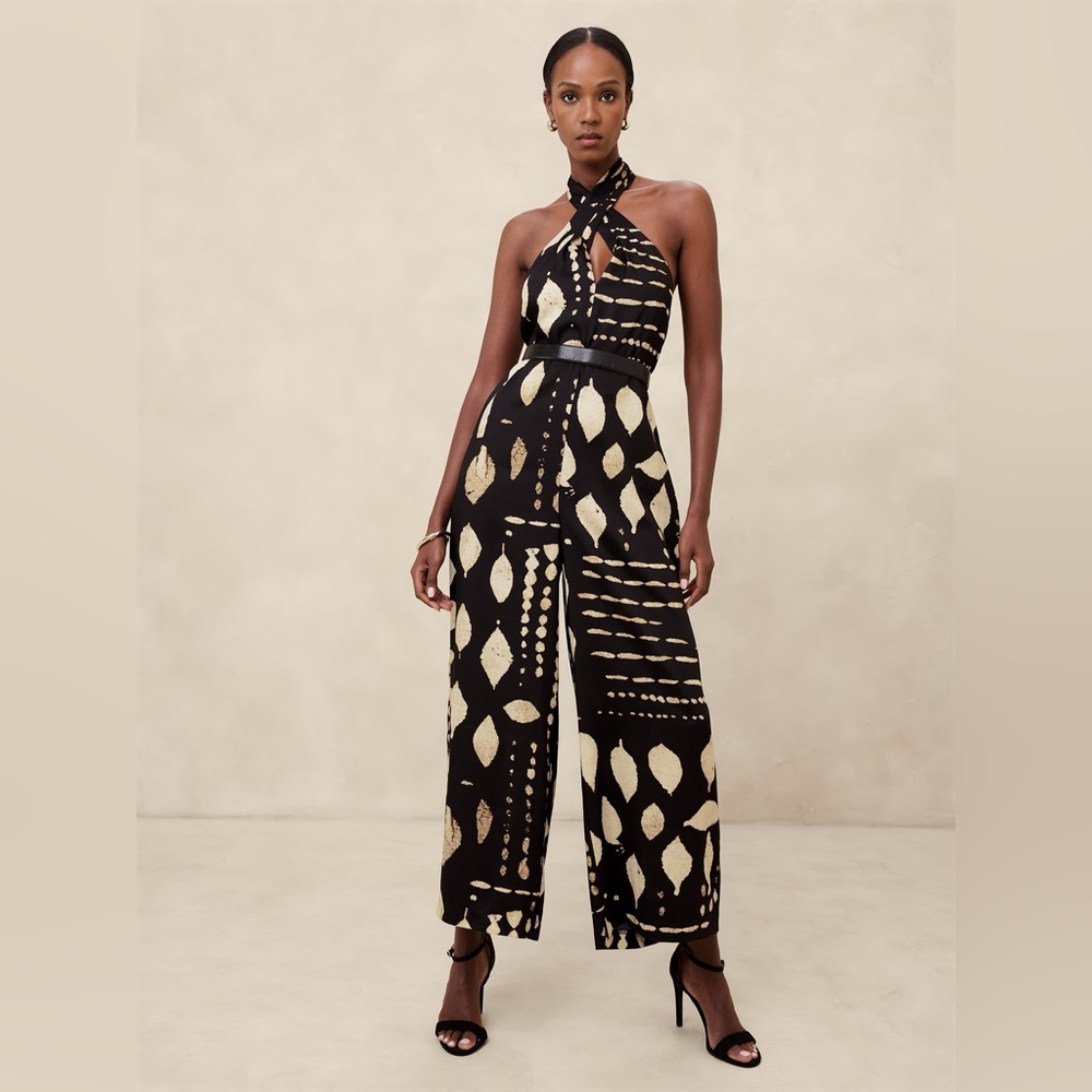 Banana Republic Black and Cream Halter Tie-Neck Wide-Leg Jumpsuit